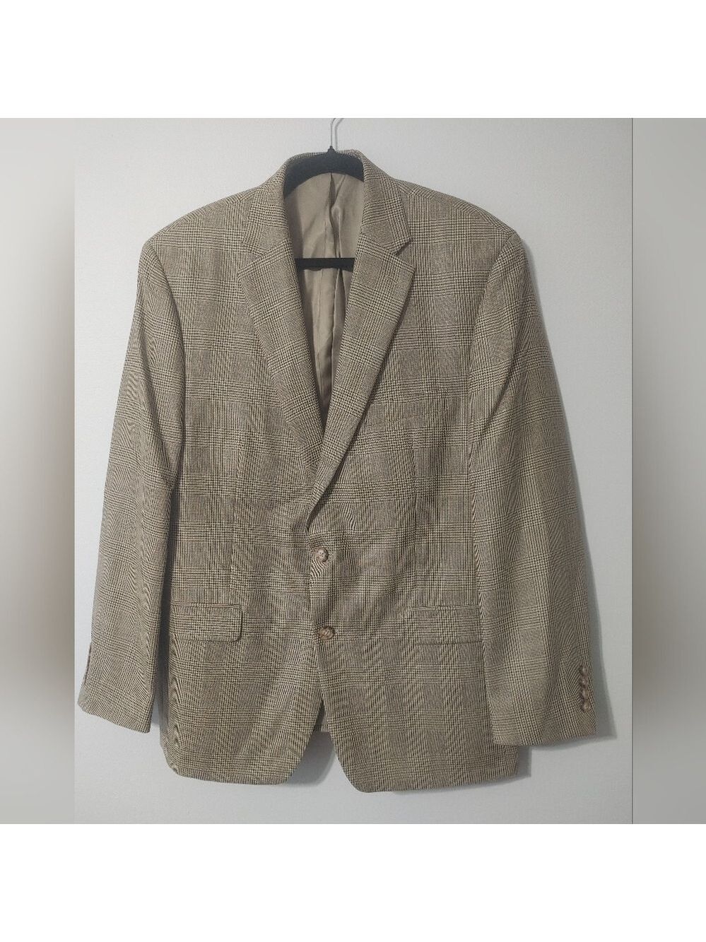 Lauren Ralph Lauren Blazer Sport Coat 46R Beige Tattersall Silk Wool Blend